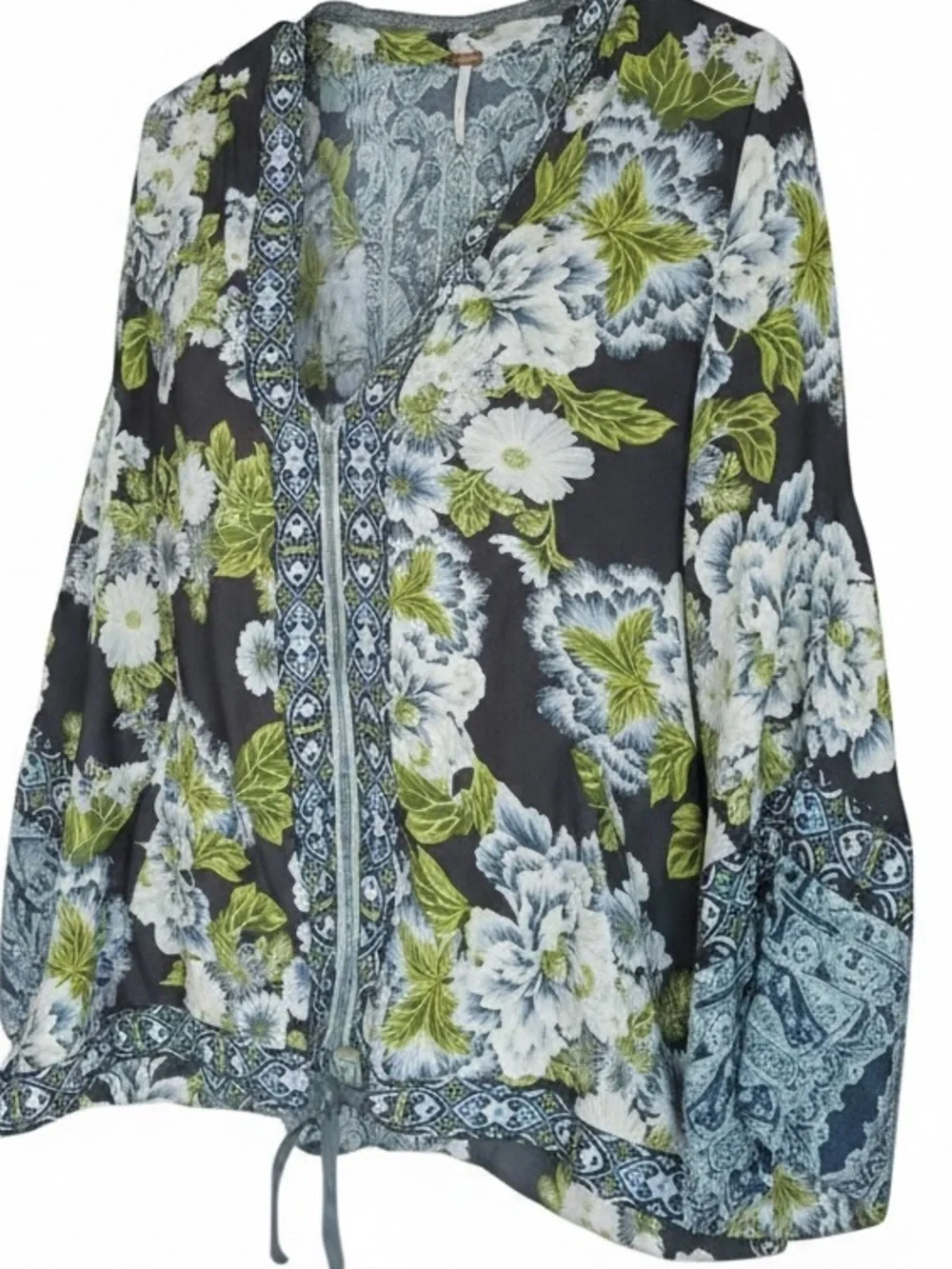 Free People Wildflower Kimono Floral Print Chiffon Zip Front Size M/L Cinch Tie